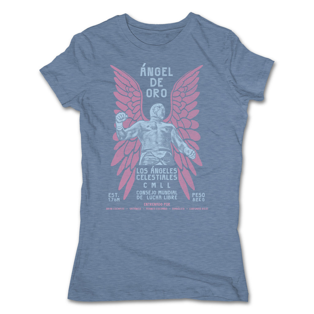 Lucha-Libre-Angel-De-Oro-Urbana-Blue-Womens-T-Shirt